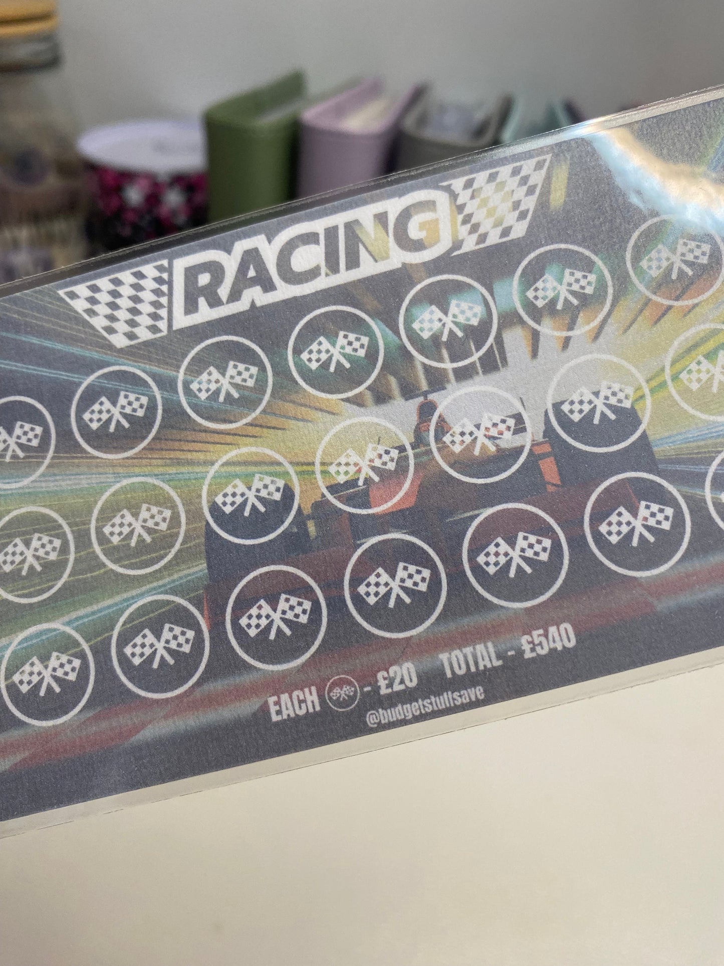 Racing Car Savings Tracker, cash Stuffing, Budgeting