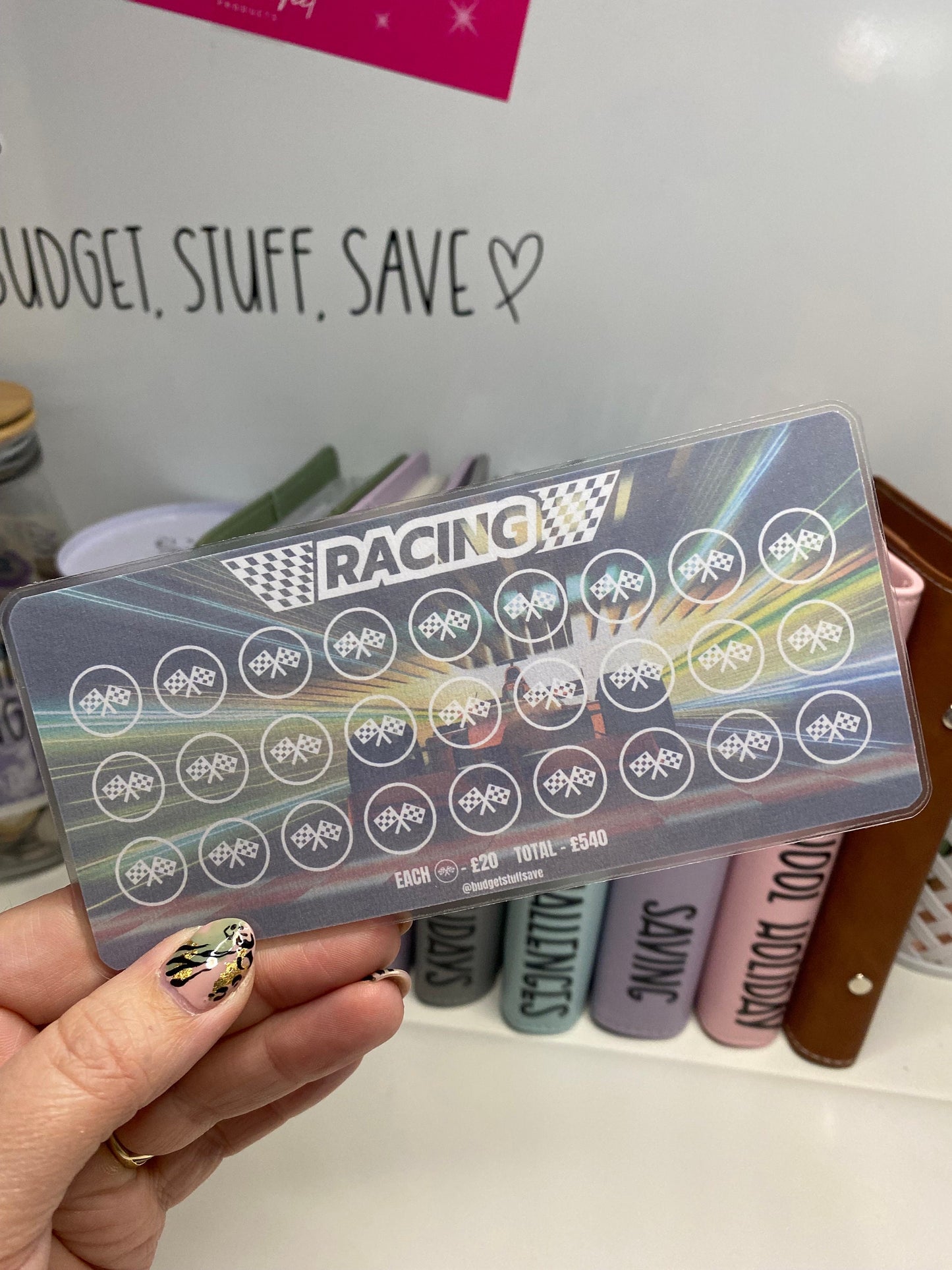Racing Car Savings Tracker, cash Stuffing, Budgeting