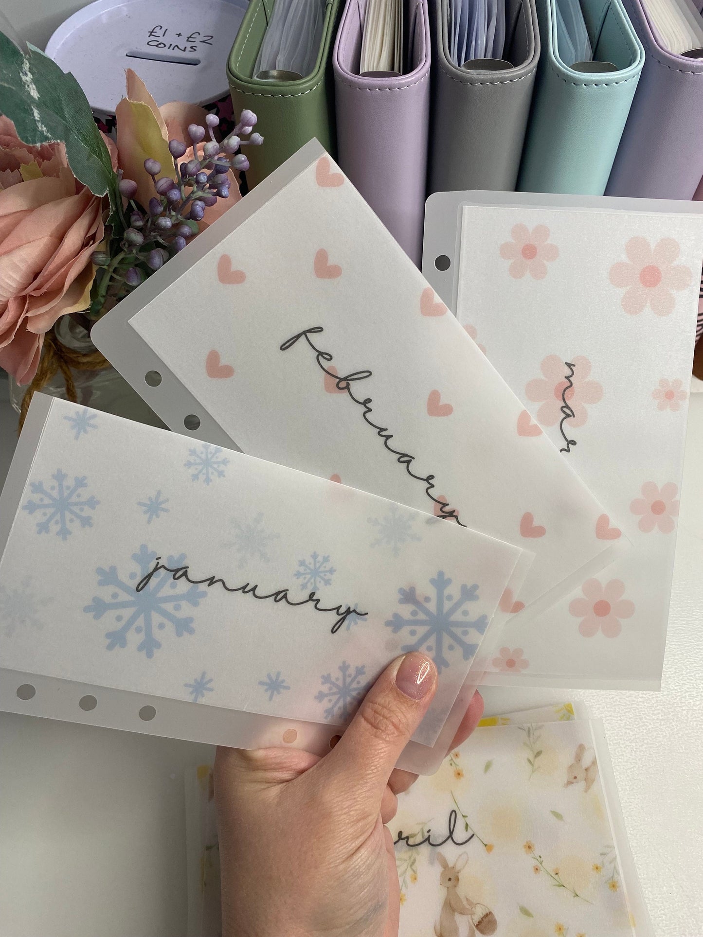 Monthly Vellum Wallets and/or trackers, Set of 12, weekly/monthly cash stuffing