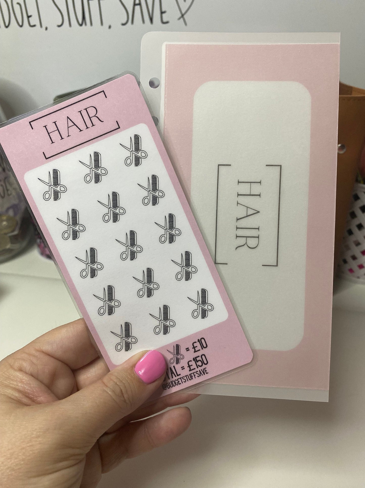 Hair Savings Tracker and vellum wallet, Cash Stuffing, Budgeting