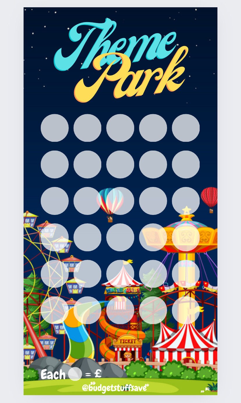 Theme Park themed Savings Tracker, cash Stuffing, Budgeting, A6 binder, Save money, Envelope method, Budget, Challenge