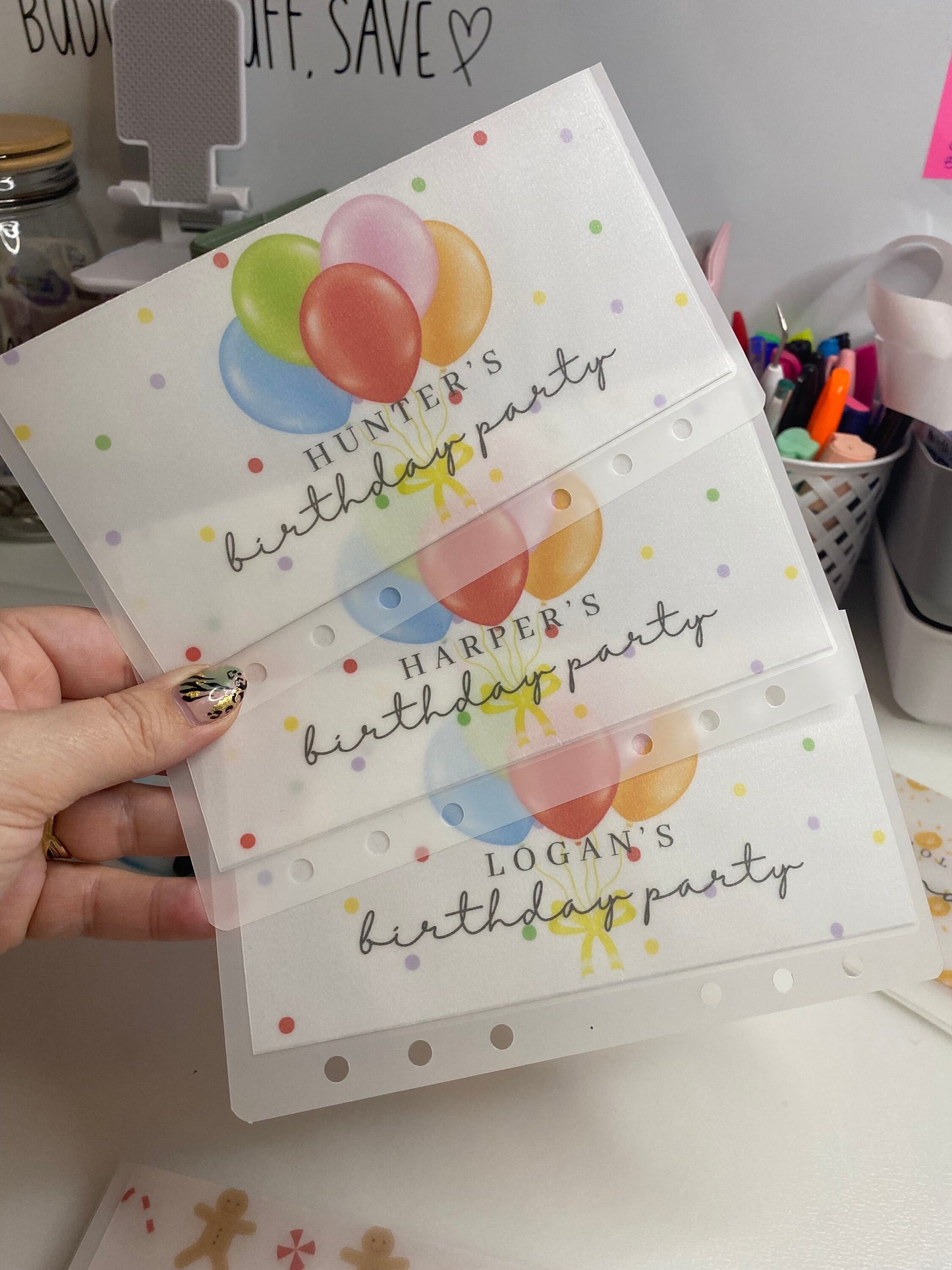 Personalised Birthday Party Vellum Wallets, Cash Stuffing, Budgeting