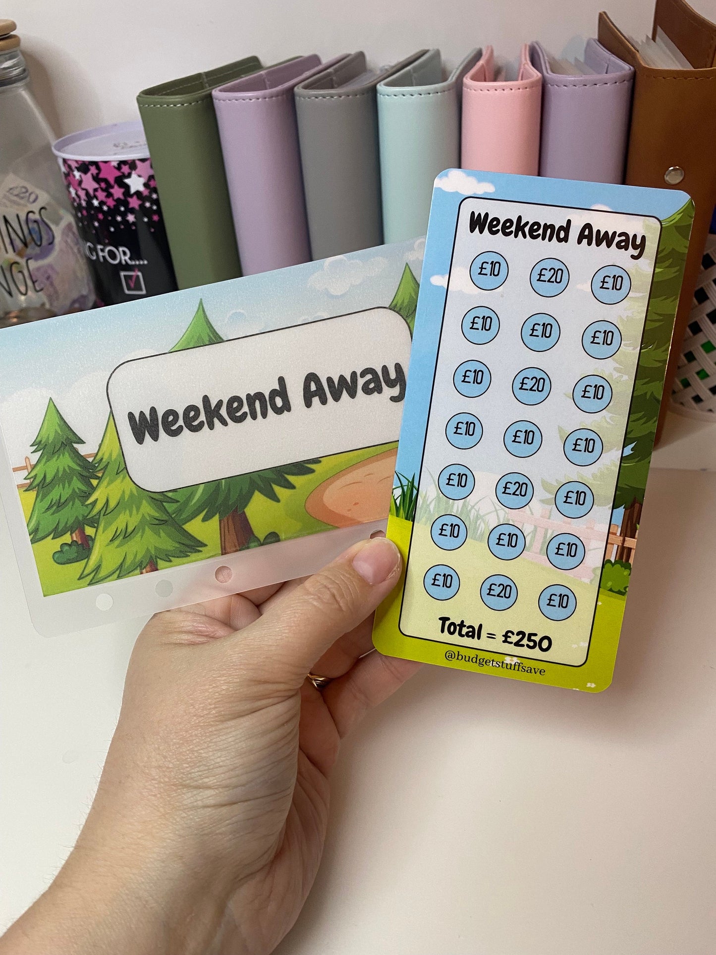 Weekend Away Savings Tracker and vellum wallet, Cash Stuffing, Budgeting