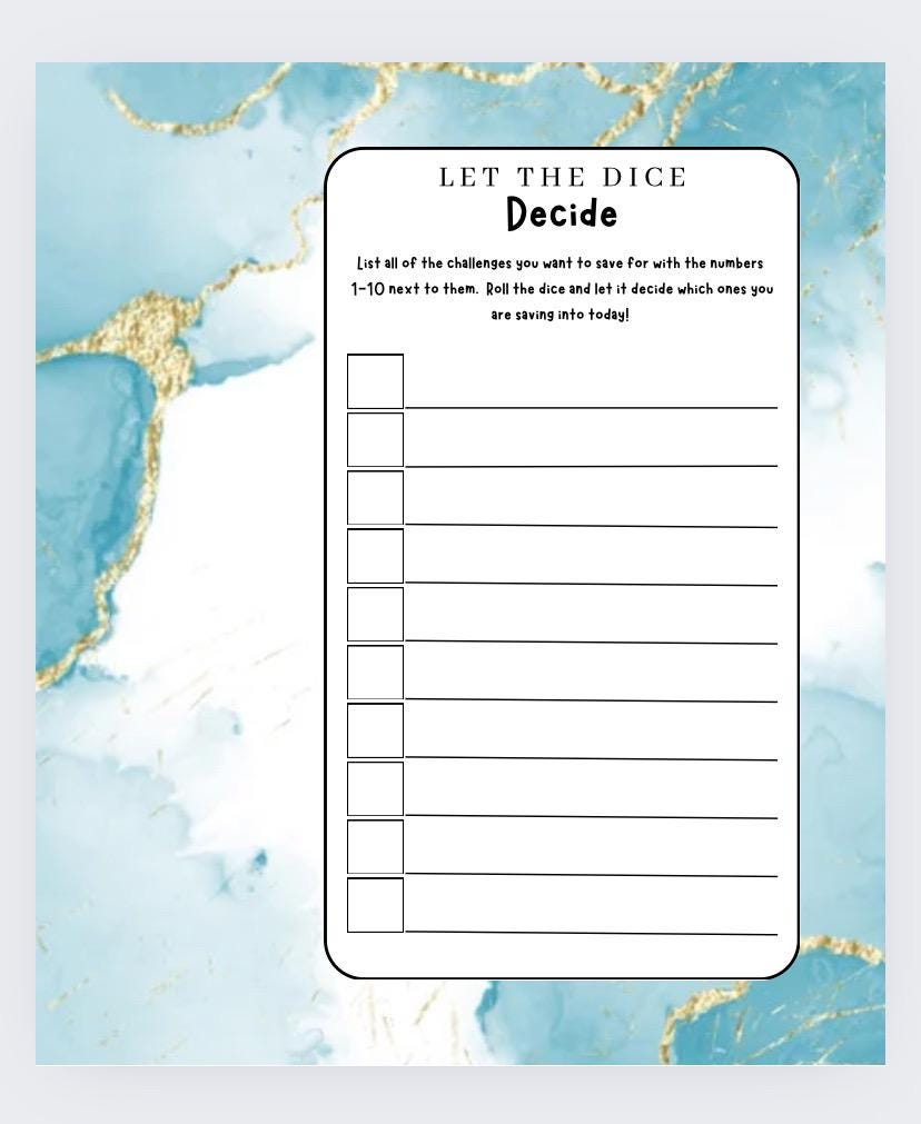 Let the Dice Decide Challenge, Cash Stuffing, Budgeting, Save Money (10 sided Dice included)