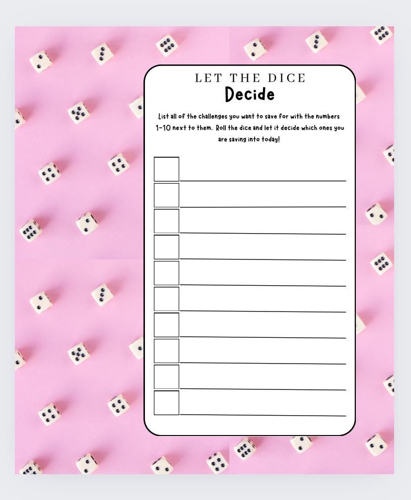 Let the Dice Decide Challenge, Cash Stuffing, Budgeting, Save Money (10 sided Dice included)