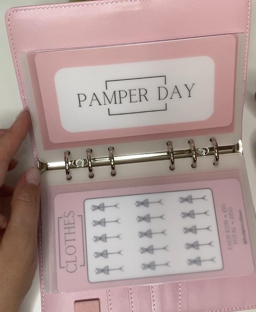 Pamper day Savings Tracker and vellum wallet, Cash Stuffing, Budgeting