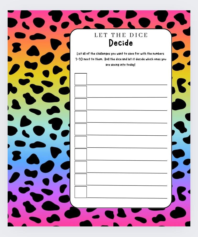 Let the Dice Decide Challenge, Cash Stuffing, Budgeting, Save Money (10 sided Dice included)
