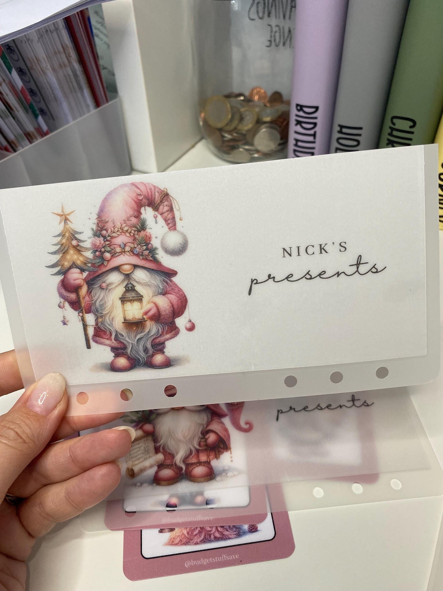A6 Personalised Pink Gonk Vellum Wallets for Cash Stuffing, Budgeting, Wallets, Save, Cash, Organise