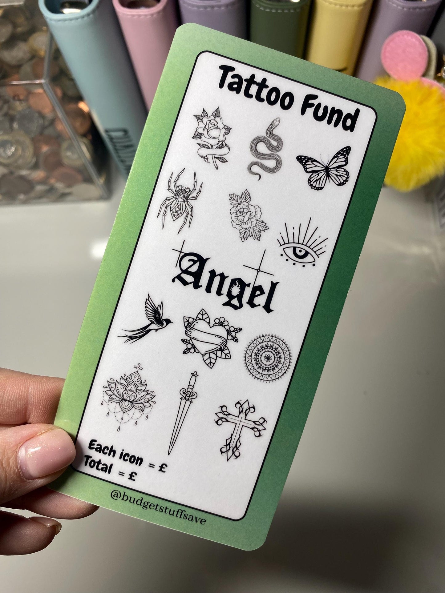 Tattoo Savings Tracker, cash Stuffing, Budgeting, A6 binder, Save money, Envelope method, Budget, Challenge