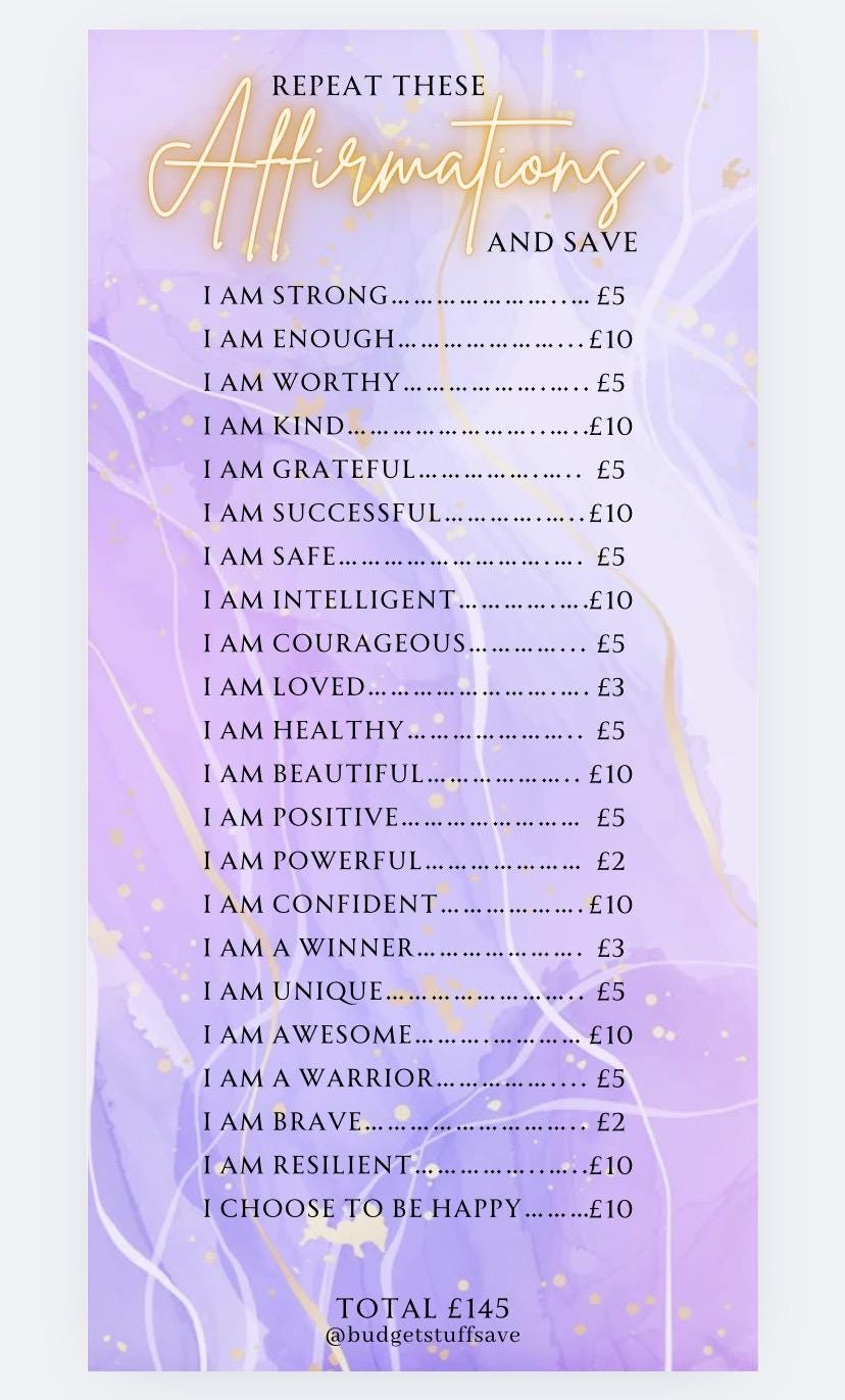 Repeat these Affirmations Challenge Savings Tracker & wallet, cash Stuffing, Budgeting, A6 binder, Save money, Envelope method, bucket list
