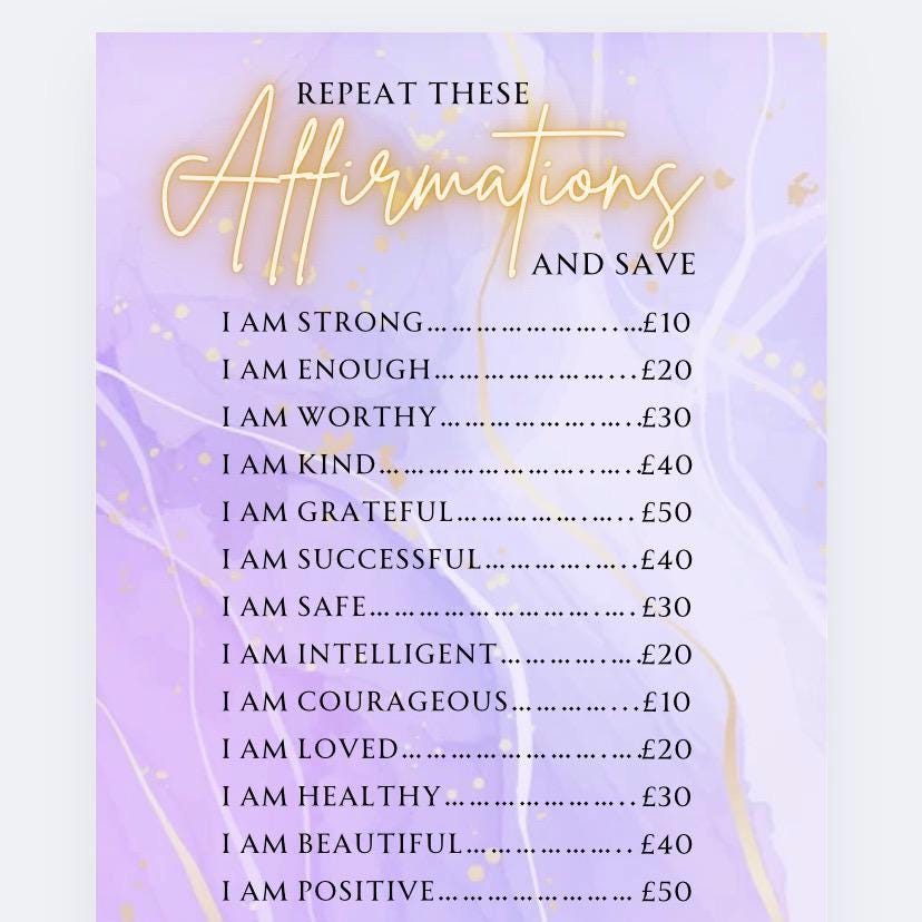 Repeat these Affirmations Challenge Savings Tracker & wallet, cash Stuffing, Budgeting, A6 binder, Save money, Envelope method, bucket list
