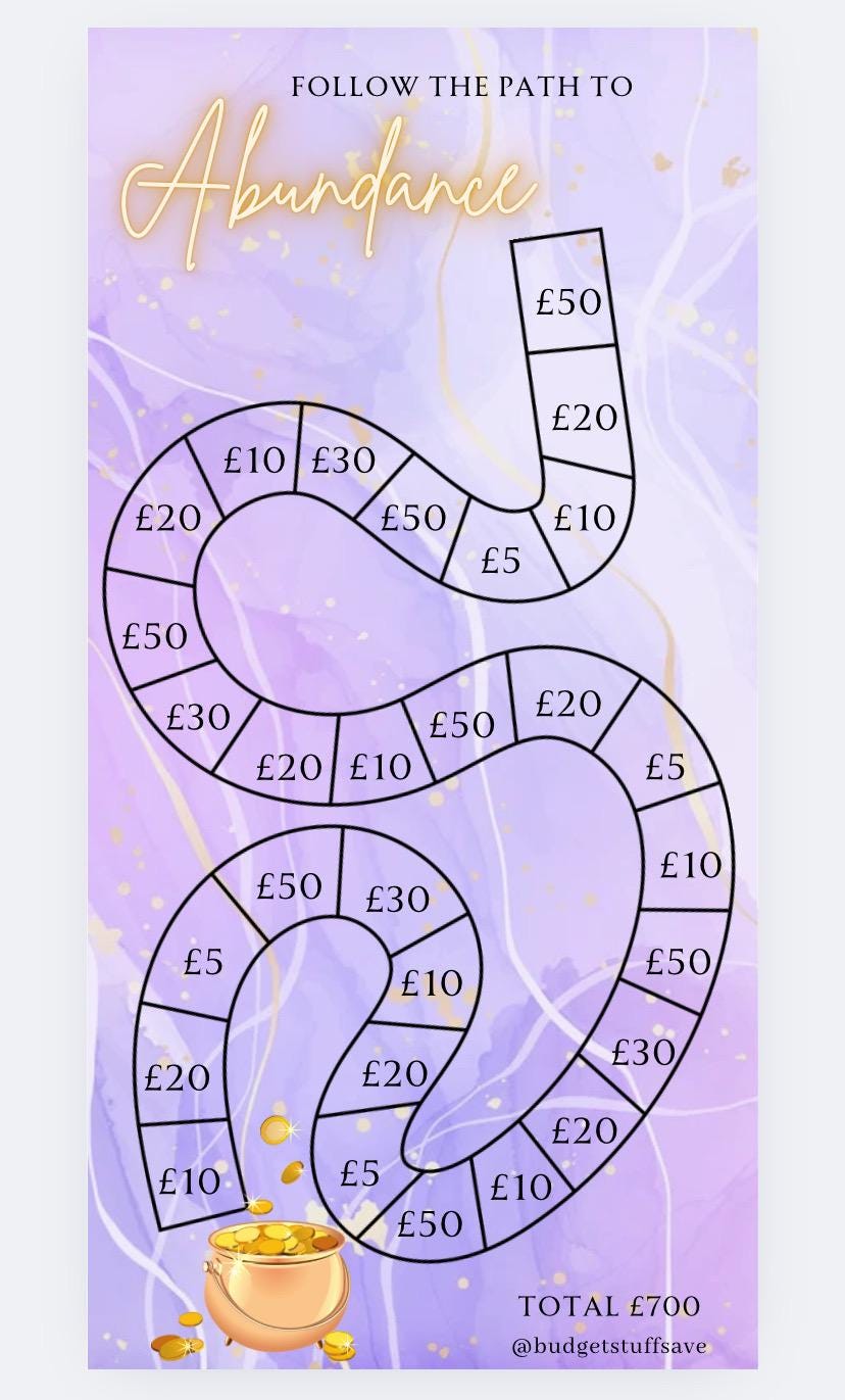 Follow the path to Abundance Challenge Savings Tracker & wallet, cash Stuffing, Budgeting, A6 binder, Envelope method, bucket list