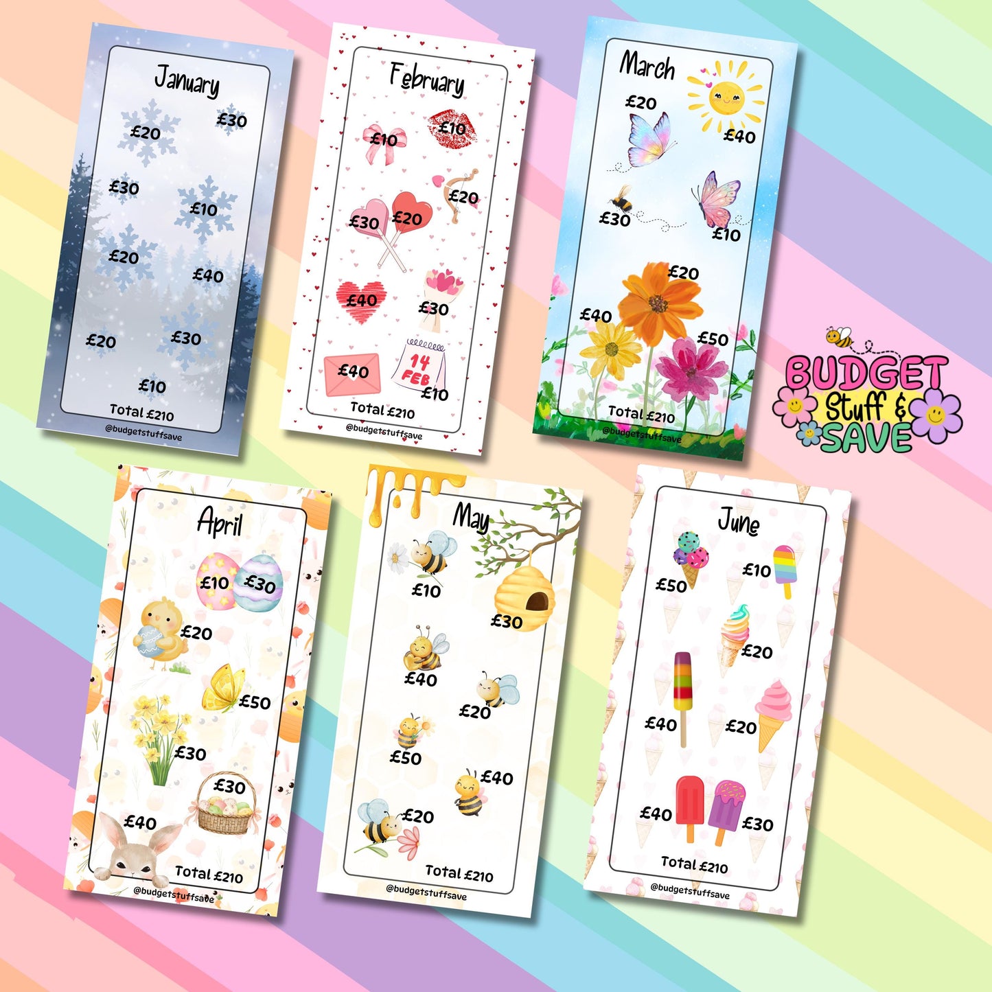 Monthly Savings Trackers, Set of 12, Jan-Dec, cash Stuffing, Budgeting, A6 binder, Save money, Envelope method, Budget, Challenge