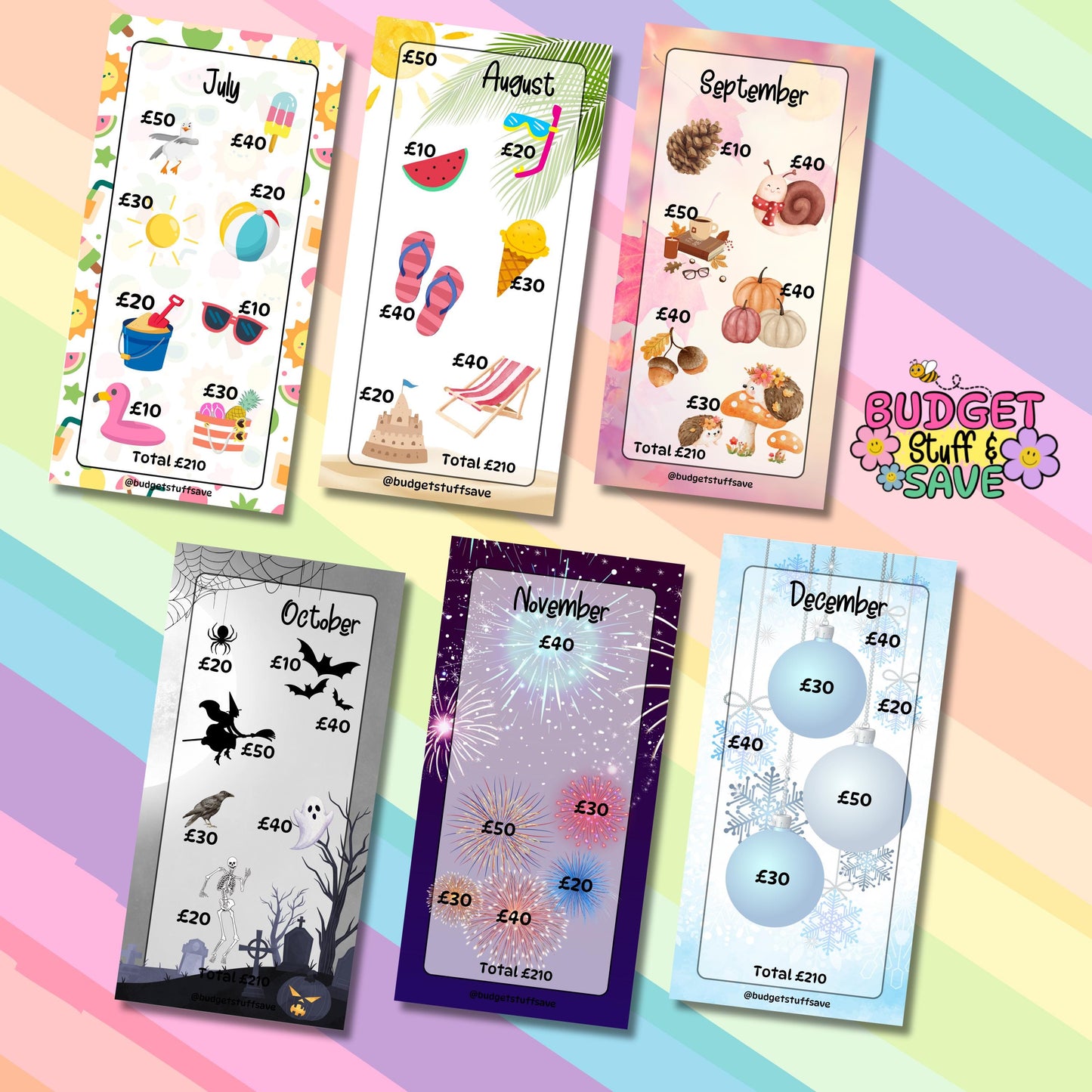 Monthly Savings Trackers, Set of 12, Jan-Dec, cash Stuffing, Budgeting, A6 binder, Save money, Envelope method, Budget, Challenge