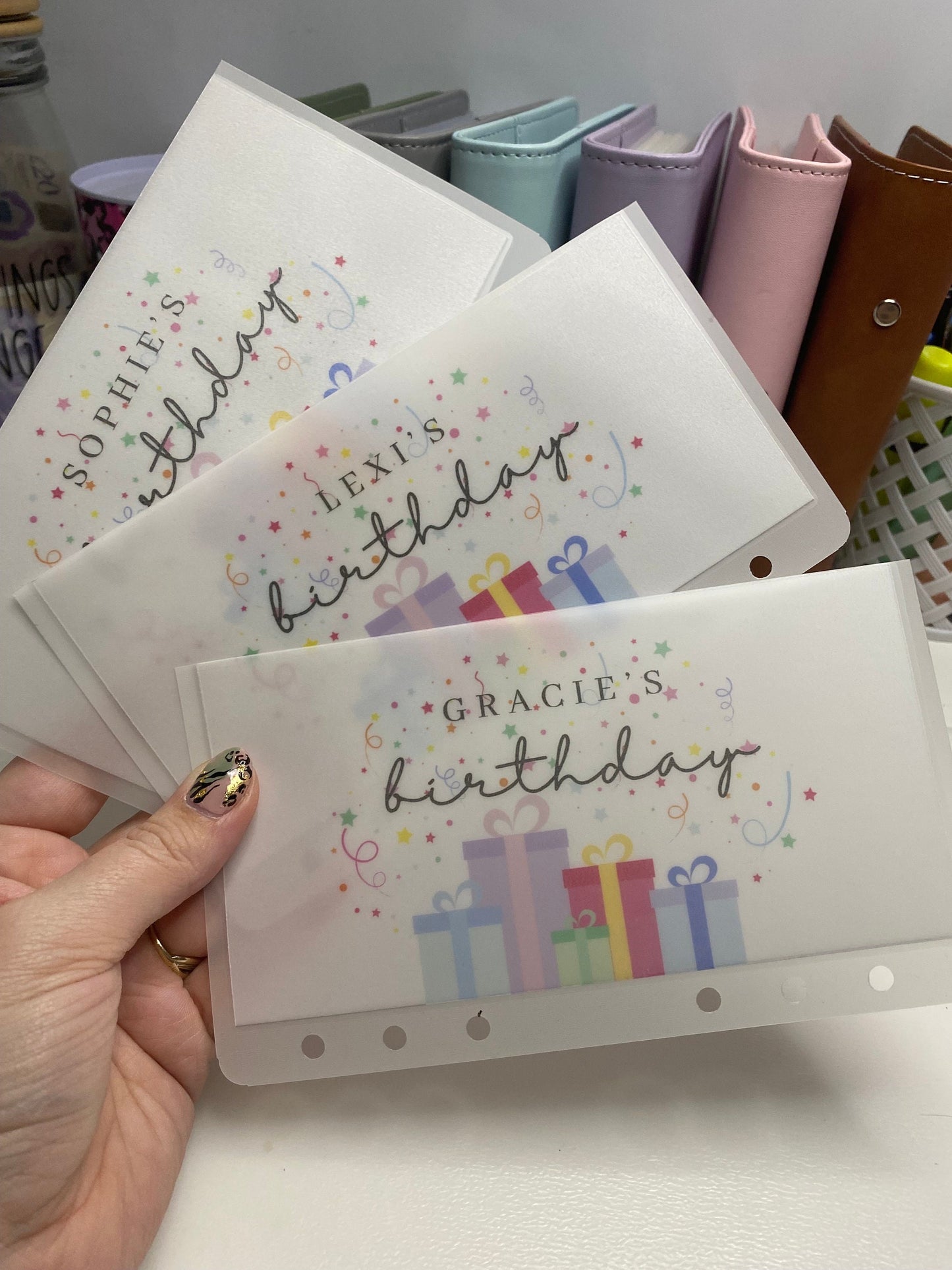 personalised Birthday trackers and Vellum Wallets, Cash Stuffing, Budgeting