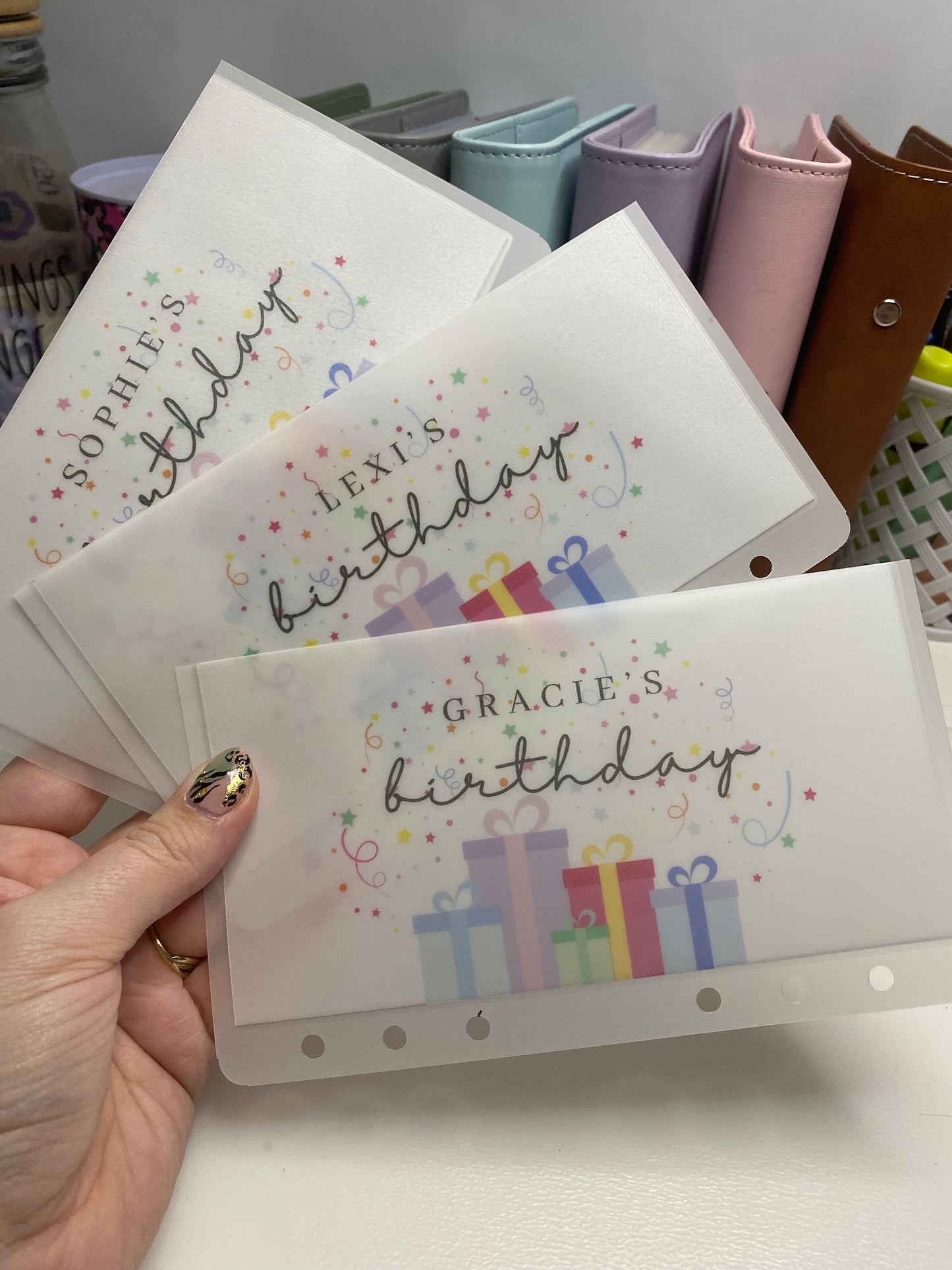 personalised Birthday Vellum Wallets, Cash Stuffing, Budgeting