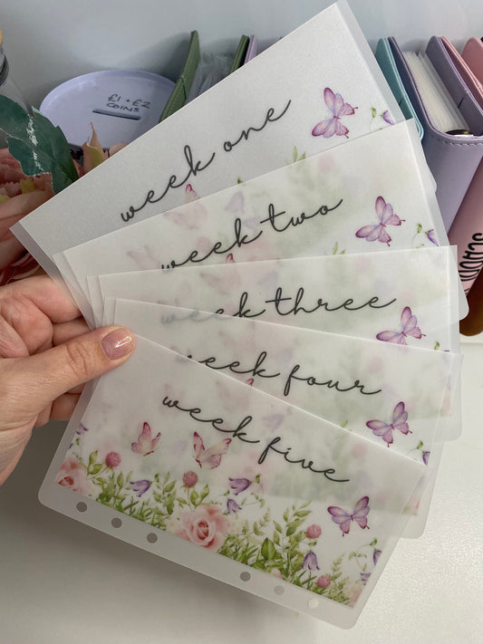 Week 1-5 BUTTERFLY FLORAL Vellum Wallets, weekly/monthly cash stuffing