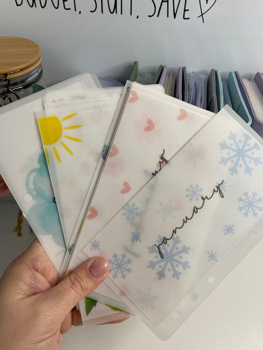 Monthly Vellum Wallets and/or trackers, Set of 12, weekly/monthly cash stuffing