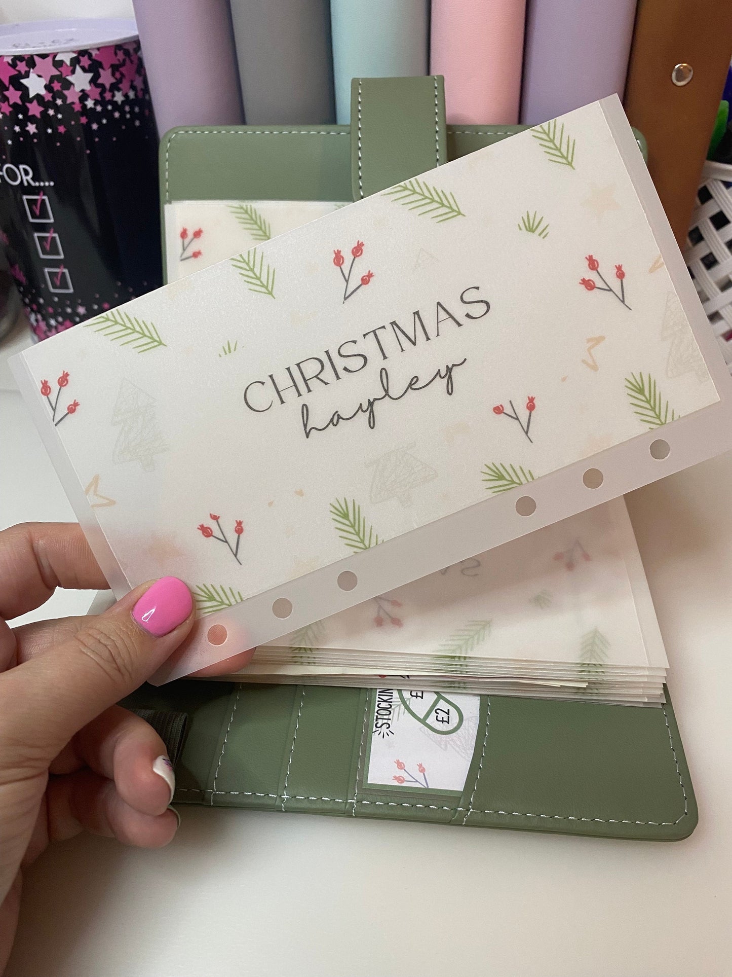 Christmas Vellum Wallets, Personalised,  Green Design