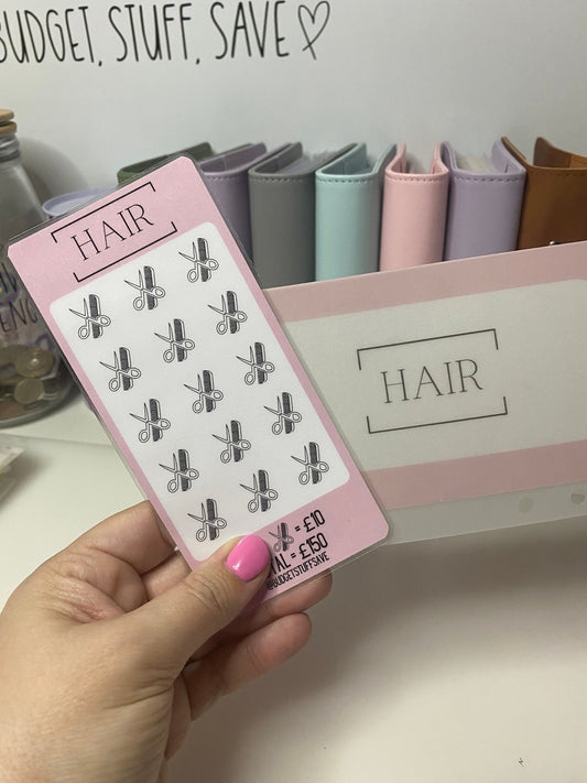 Hair Savings Tracker and vellum wallet, Cash Stuffing, Budgeting