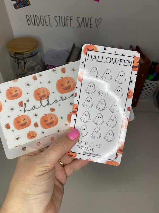 Halloween Savings Tracker and Vellum Wallet  , Cash Stuffing, Budget Binder Trackers, Save Money, Budgeting, Challenges, Trick or Treat,