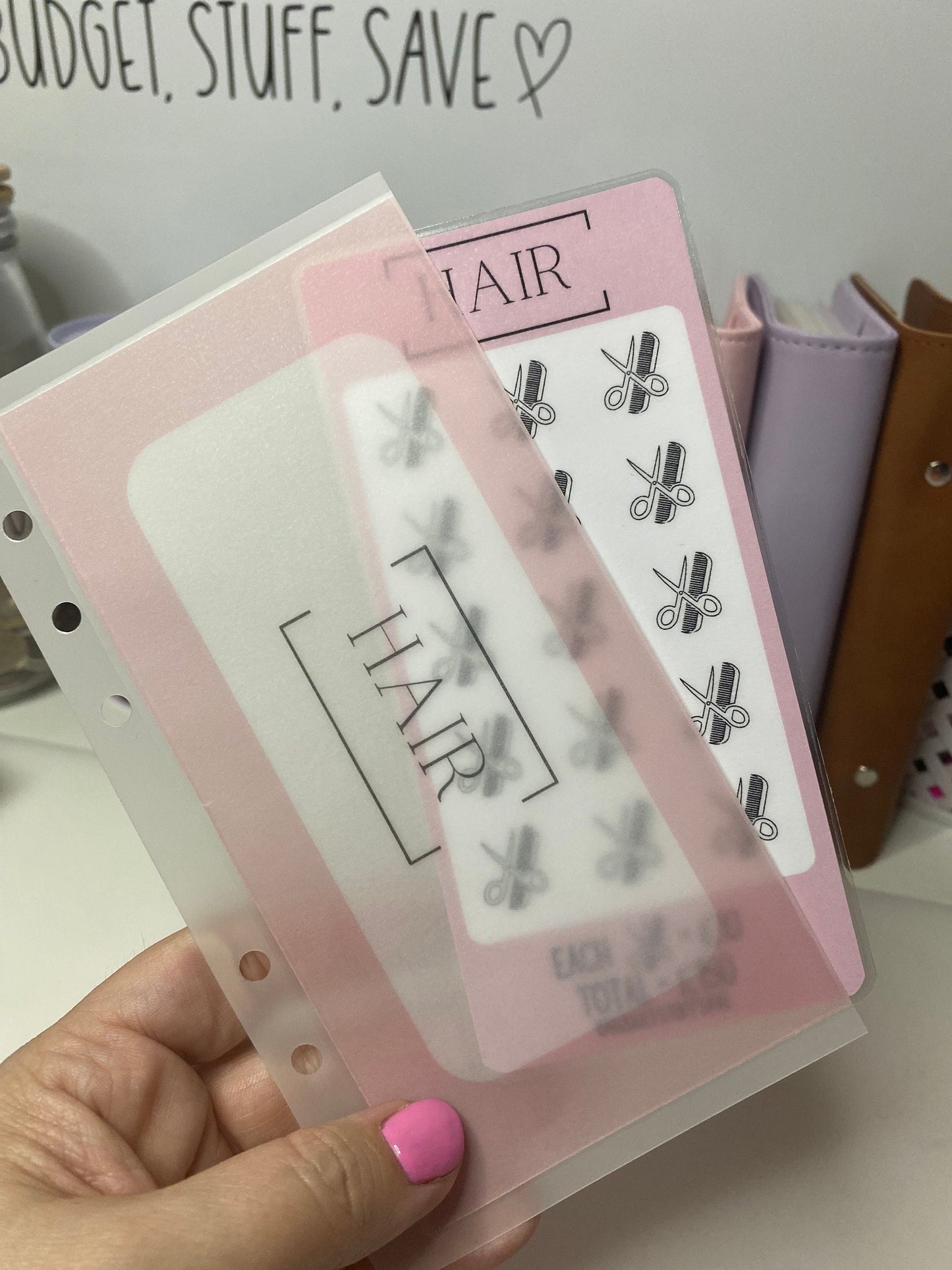 Hair Savings Tracker and vellum wallet, Cash Stuffing, Budgeting
