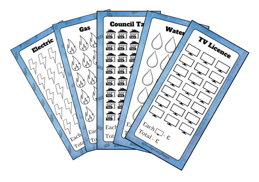 Utility Bundle of 5 Savings Trackers, Cash Stuffing, Budgeting, gas, electric, tv Licence, water, council tax