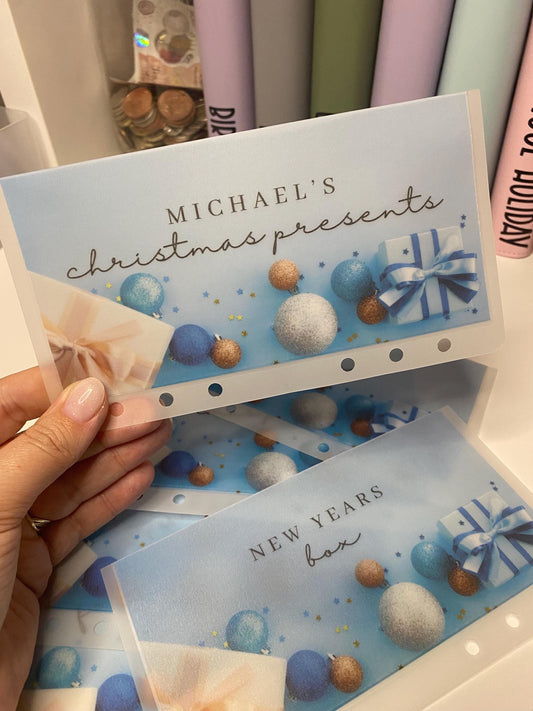Personalised Blue Christmas Vellum Wallets, Cash Stuffing, Budgeting