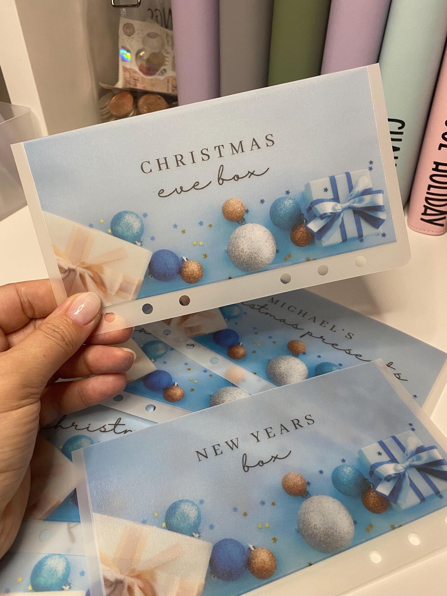 Personalised Blue Christmas Vellum Wallets, Cash Stuffing, Budgeting