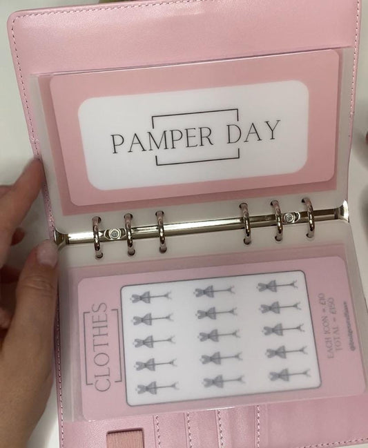 Pamper day Savings Tracker and vellum wallet, Cash Stuffing, Budgeting