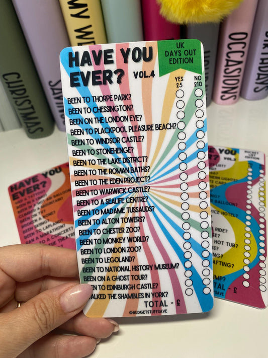 Have you Ever? UK Days Out Edition Savings Tracker and wallet, cash Stuffing, Budgeting, A6 binder, Save money,  Envelope method, Budget