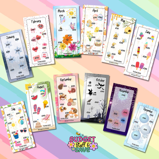 Monthly Savings Trackers, Set of 12, Jan-Dec, cash Stuffing, Budgeting, A6 binder, Save money,  Envelope method, Budget, Challenge
